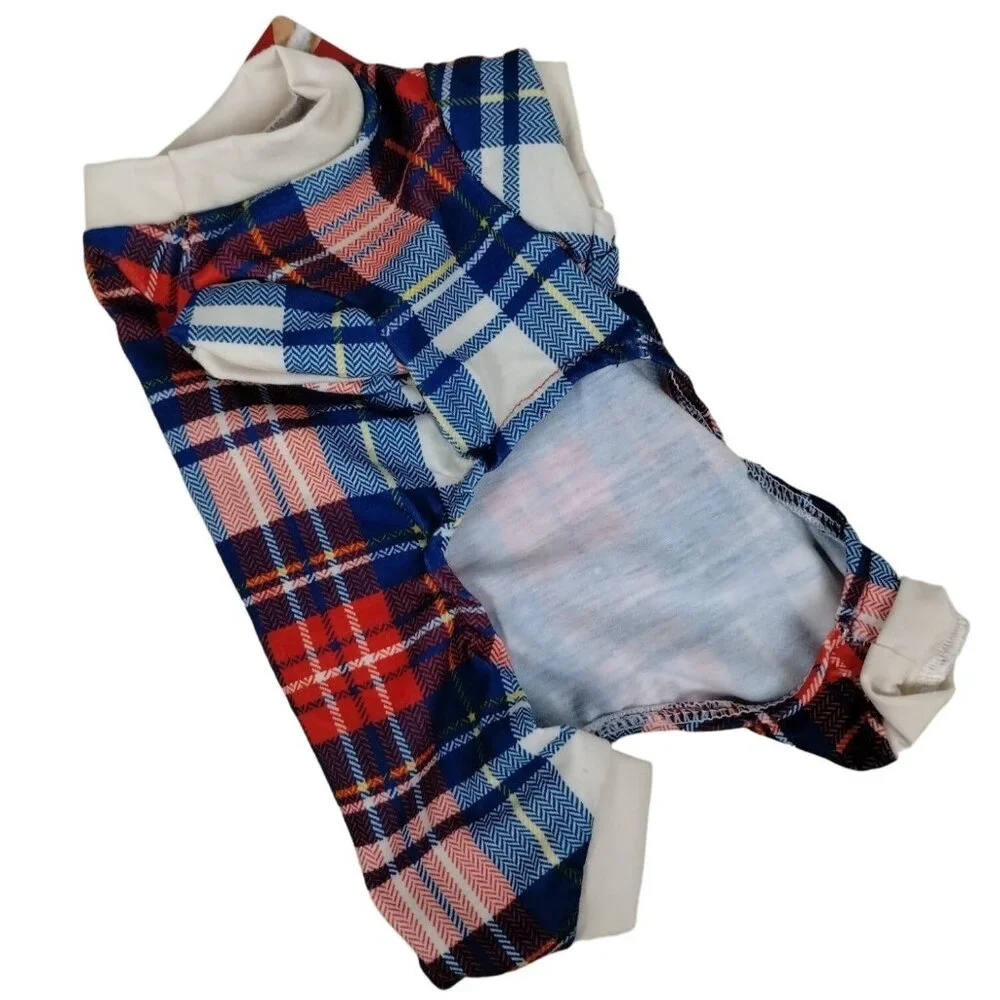 Pet Central Dog XS 8 inch Holiday Pajamas Blue and White Plaid